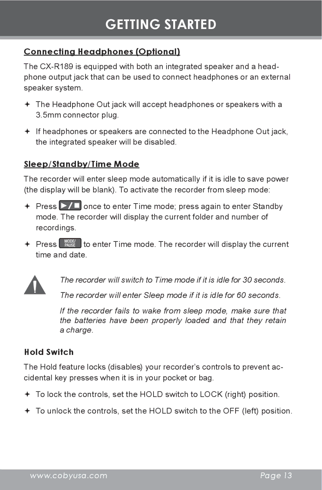 COBY electronic CX-R189 instruction manual Connecting Headphones Optional, Sleep/Standby/Time Mode, Hold Switch 