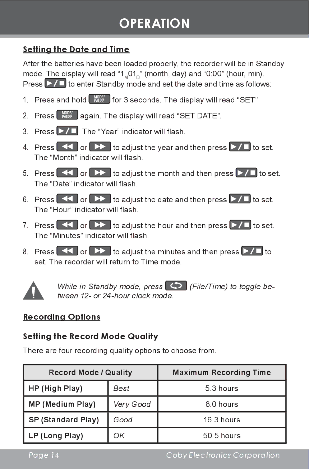 COBY electronic CX-R189 Operation, Setting the Date and Time, Recording Options Setting the Record Mode Quality 