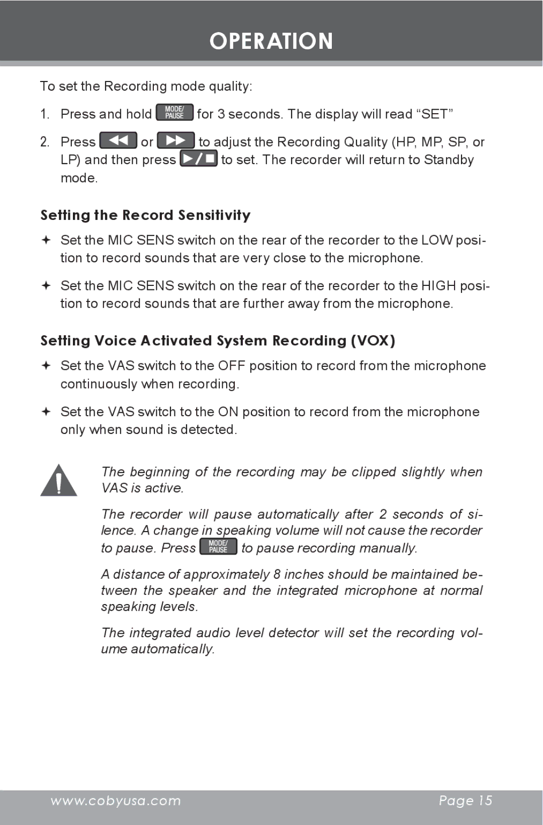 COBY electronic CX-R189 instruction manual Setting the Record Sensitivity, Setting Voice Activated System Recording VOX 