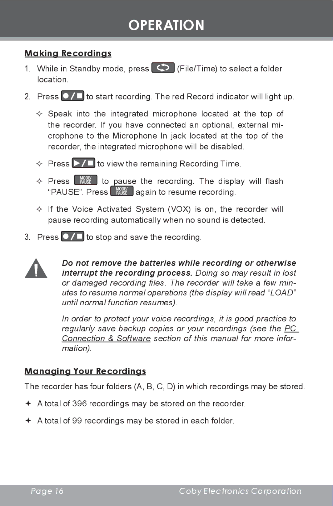 COBY electronic CX-R189 instruction manual Making Recordings, Managing Your Recordings 