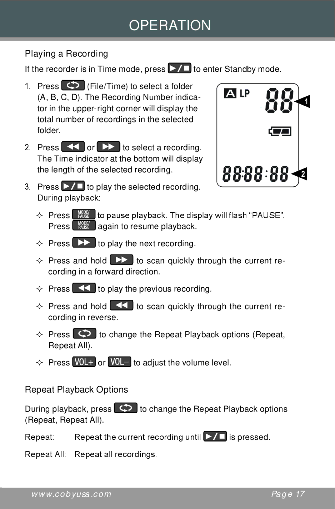 COBY electronic CX-R189 instruction manual Playing a Recording, Repeat Playback Options 