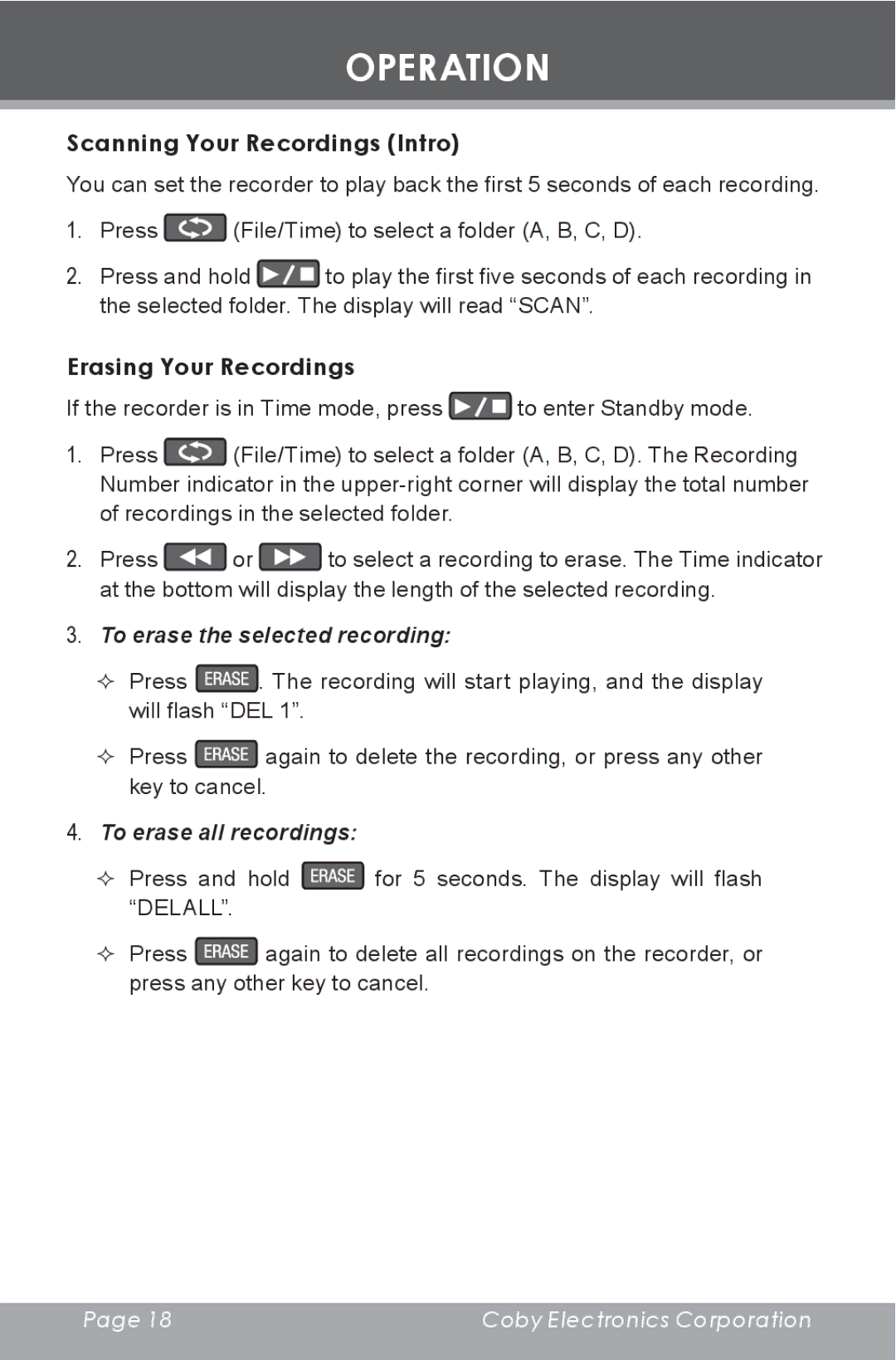 COBY electronic CX-R189 instruction manual Scanning Your Recordings Intro, Erasing Your Recordings 