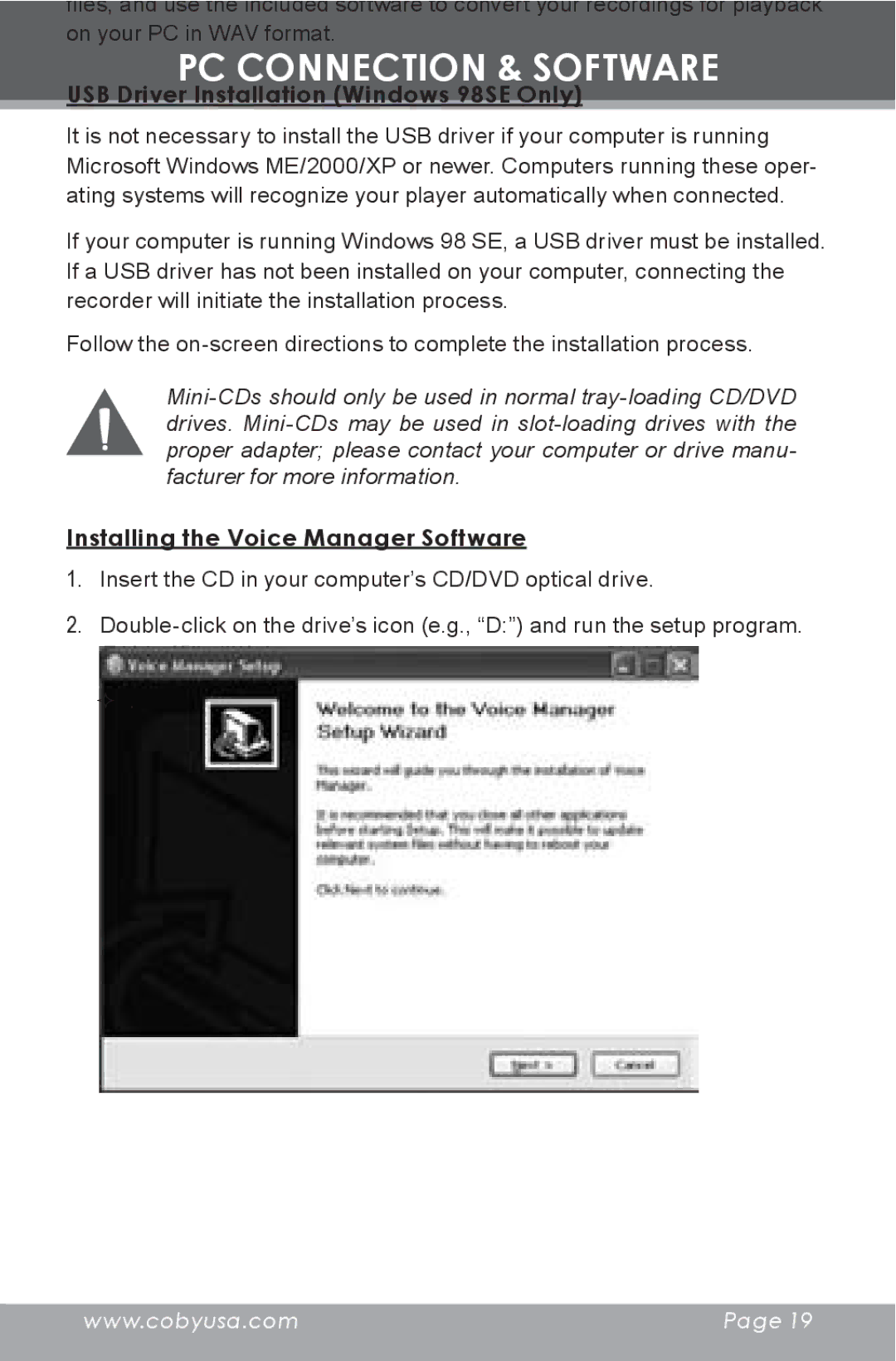 COBY electronic CX-R189 instruction manual PC Connection & Software, USB Driver Installation Windows 98SE Only 