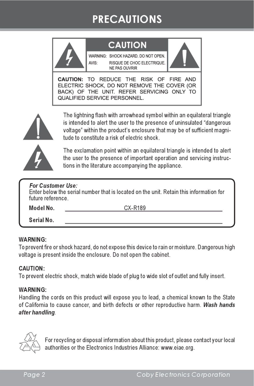 COBY electronic CX-R189 instruction manual Precautions, For Customer Use 