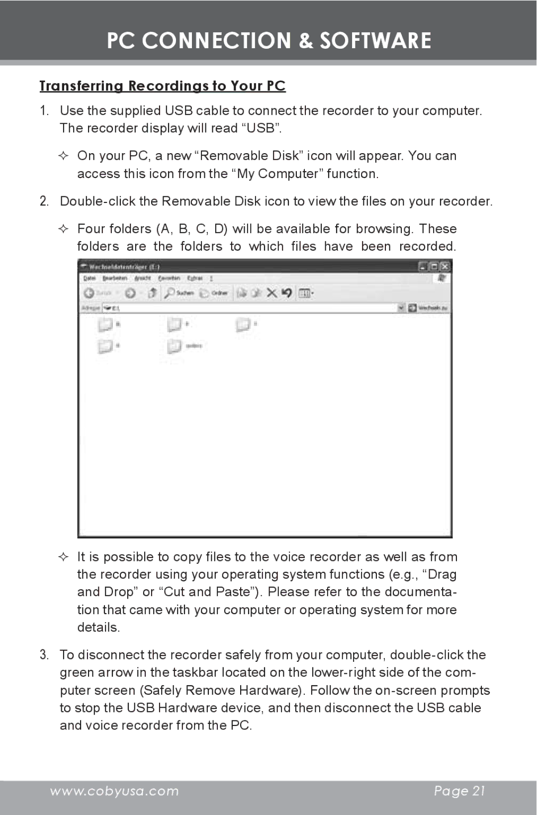 COBY electronic CX-R189 instruction manual Transferring Recordings to Your PC 