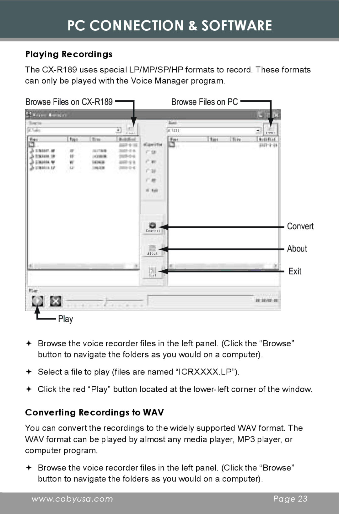 COBY electronic CX-R189 instruction manual Playing Recordings, Converting Recordings to WAV 