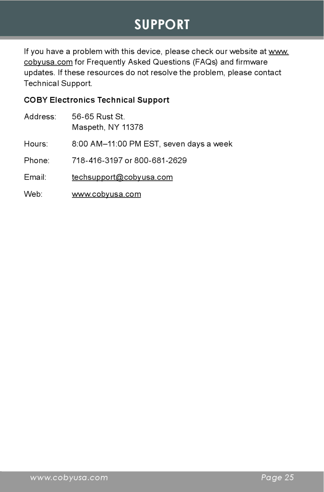 COBY electronic CX-R189 instruction manual Coby Electronics Technical Support 