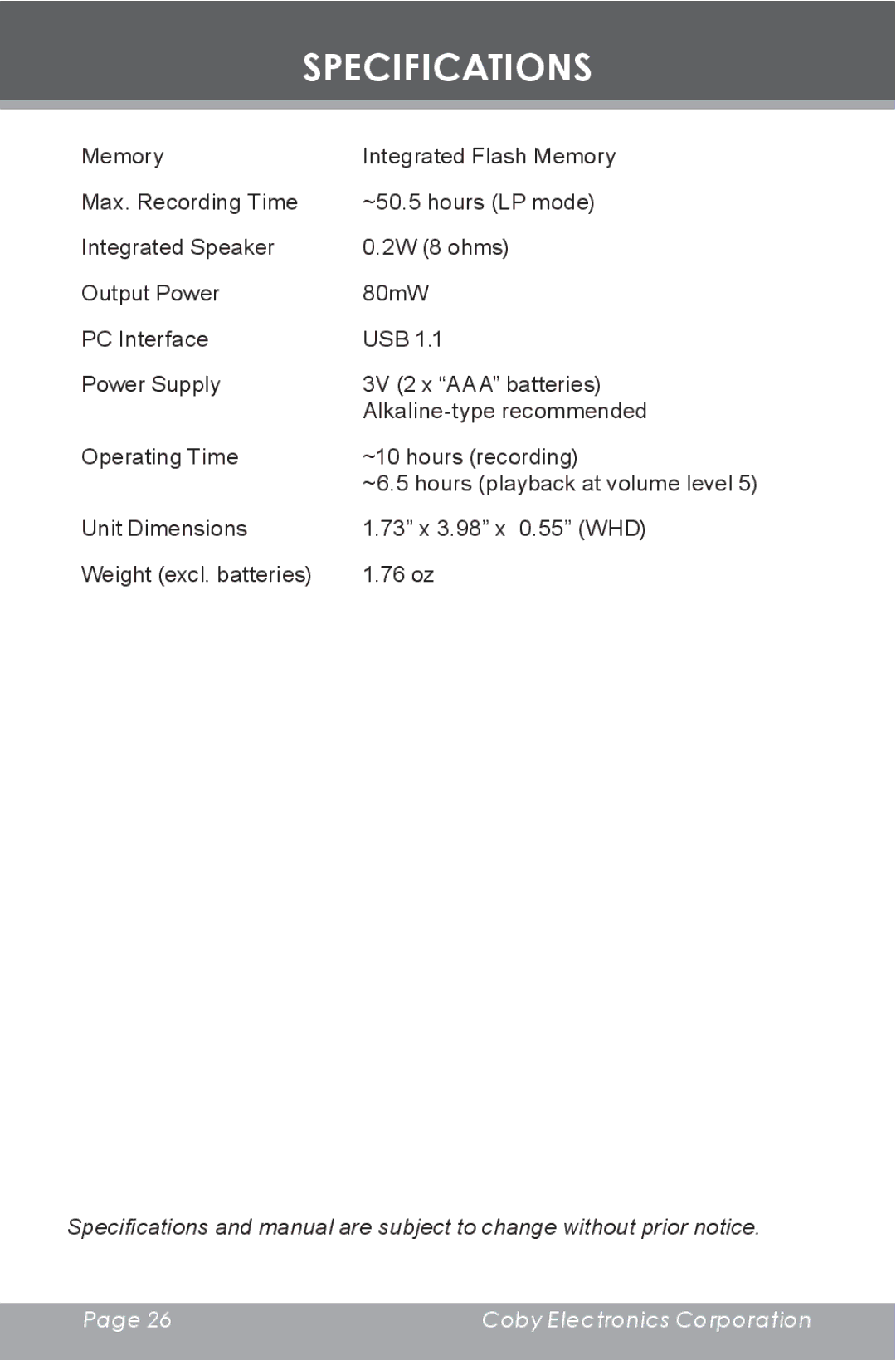 COBY electronic CX-R189 instruction manual Specifications 