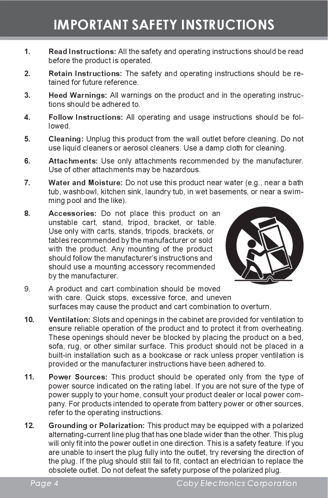 COBY electronic CX-R189 instruction manual Important Safety Instructions 