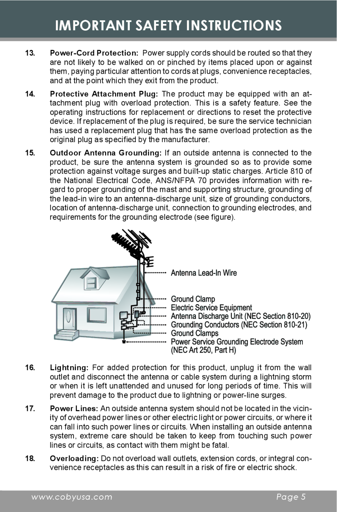 COBY electronic CX-R189 instruction manual Important Safety Instructions 