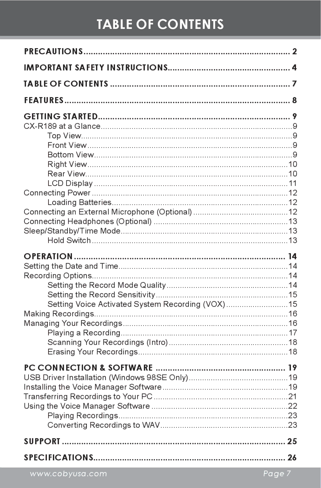 COBY electronic CX-R189 instruction manual Table of Contents 