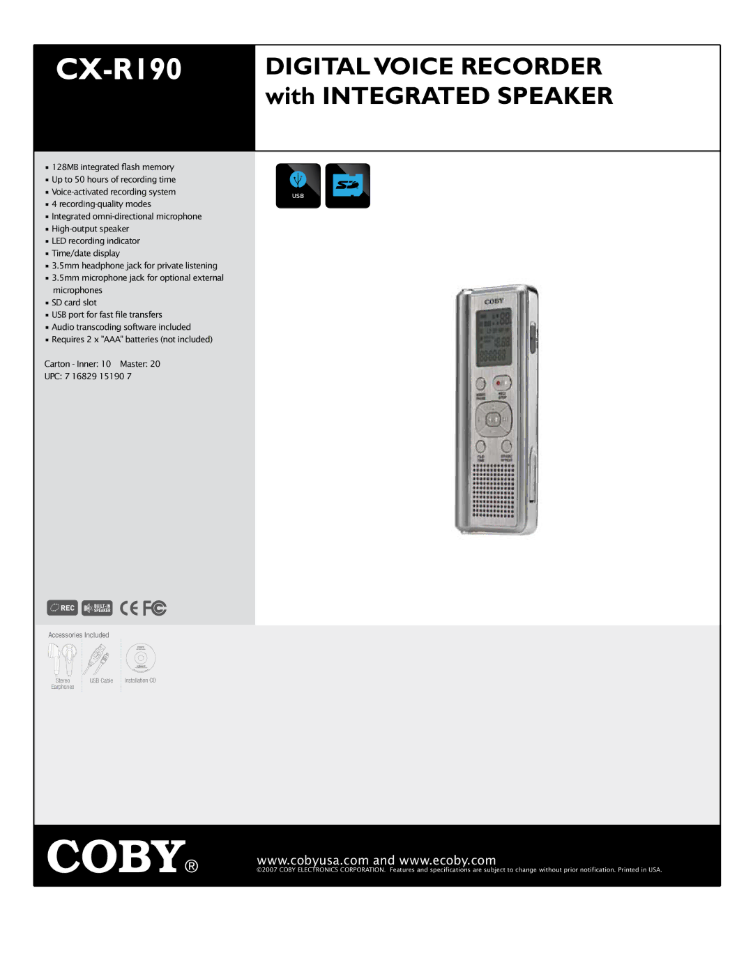 COBY electronic CX-R190 specifications Digital Voice Recorder with Integrated Speaker 