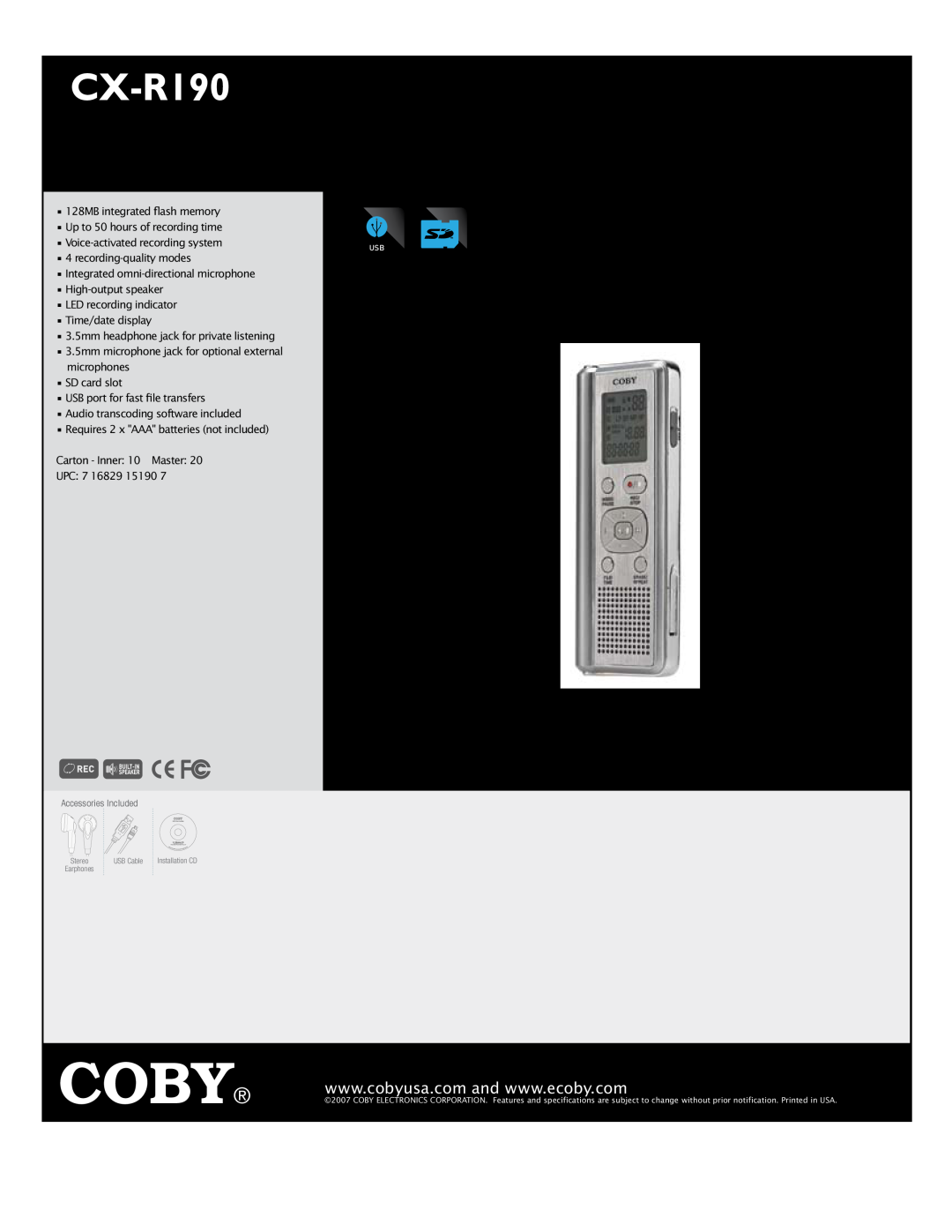 COBY electronic CX-R190 specifications Coby, Digital Voice Recorder with Integrated Speaker 