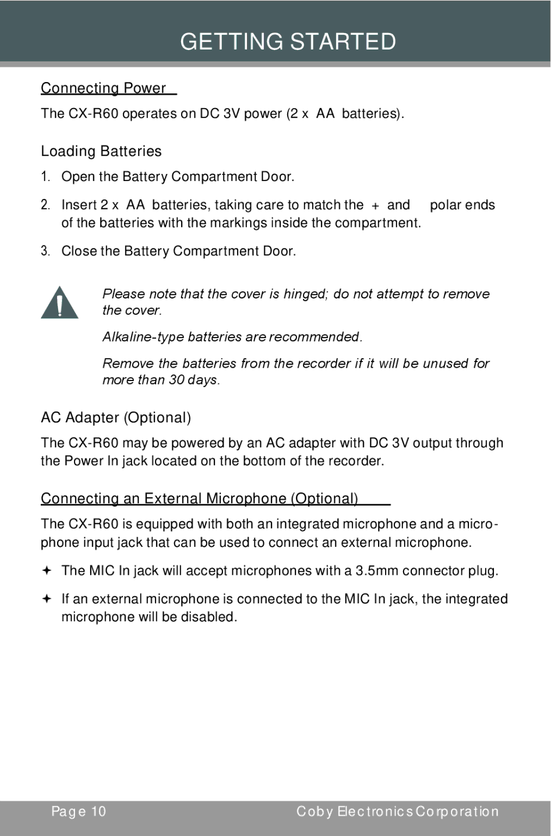 COBY electronic CX-R60 instruction manual Connecting Power, Loading Batteries, AC Adapter Optional 