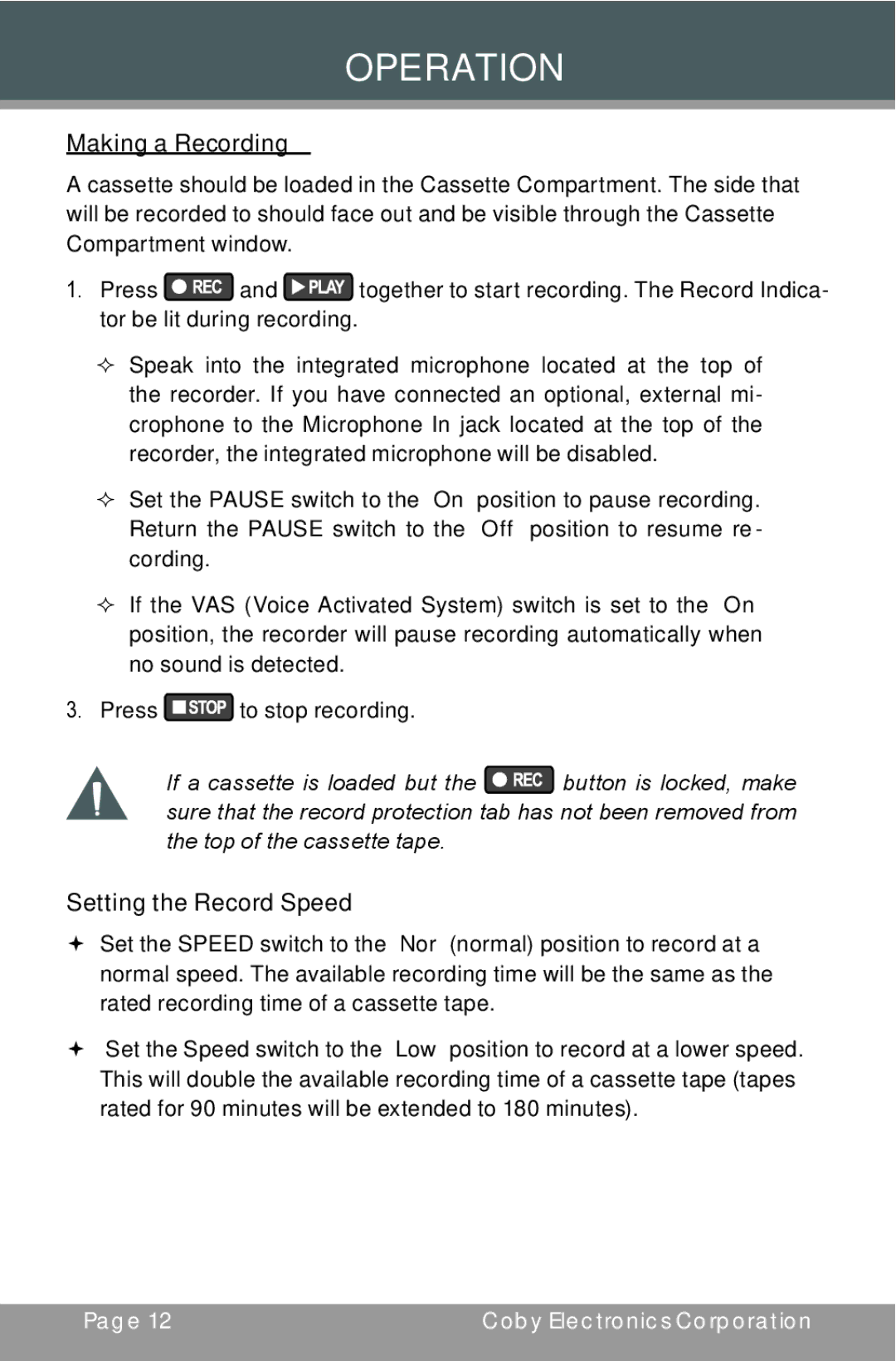 COBY electronic CX-R60 instruction manual Operation, Making a Recording, Setting the Record Speed 