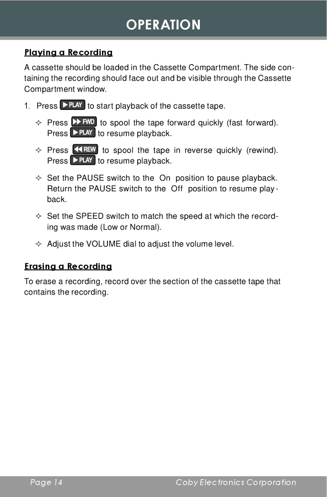 COBY electronic CX-R60 instruction manual Playing a Recording, Erasing a Recording 