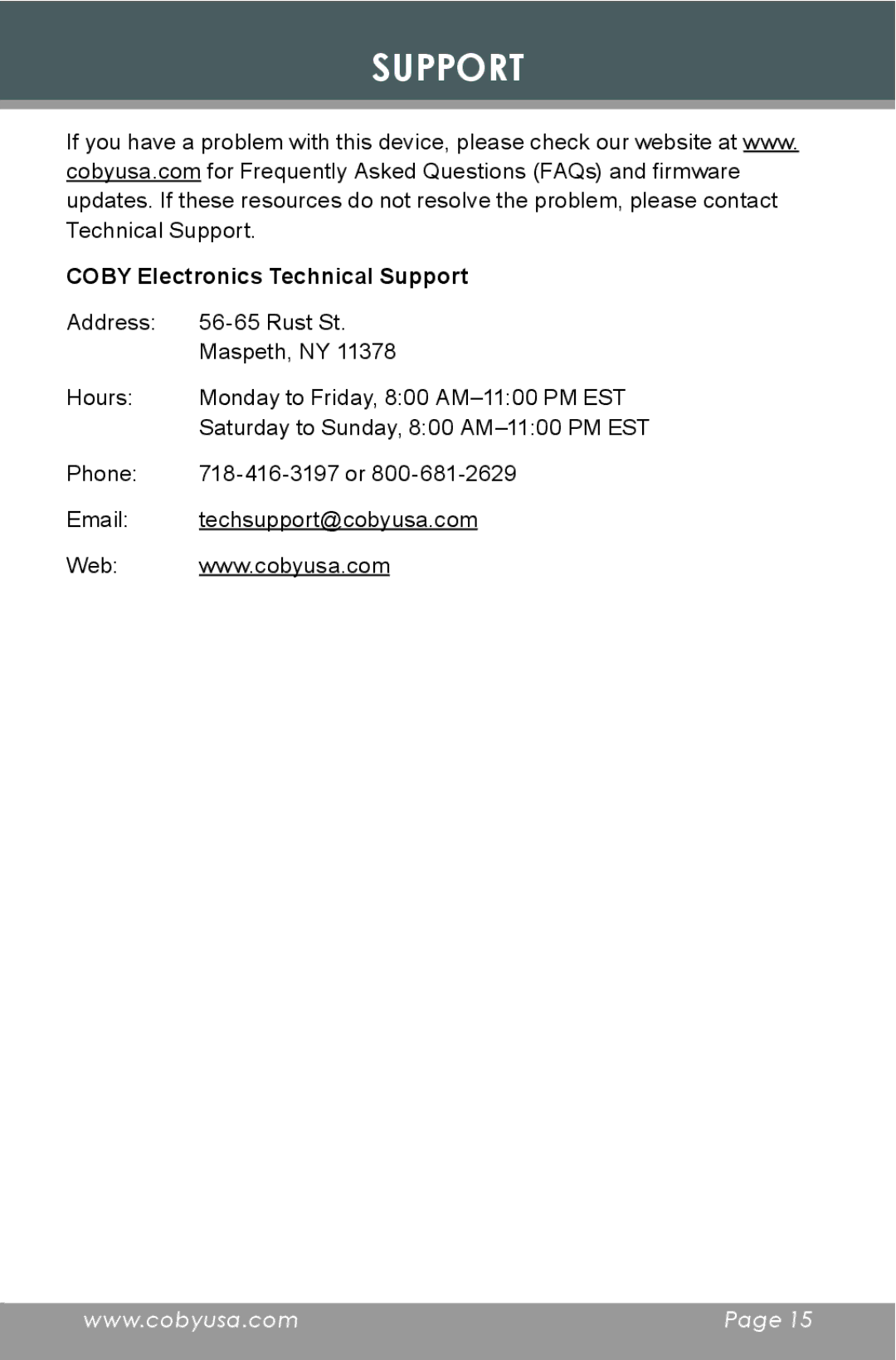 COBY electronic CX-R60 instruction manual Coby Electronics Technical Support 