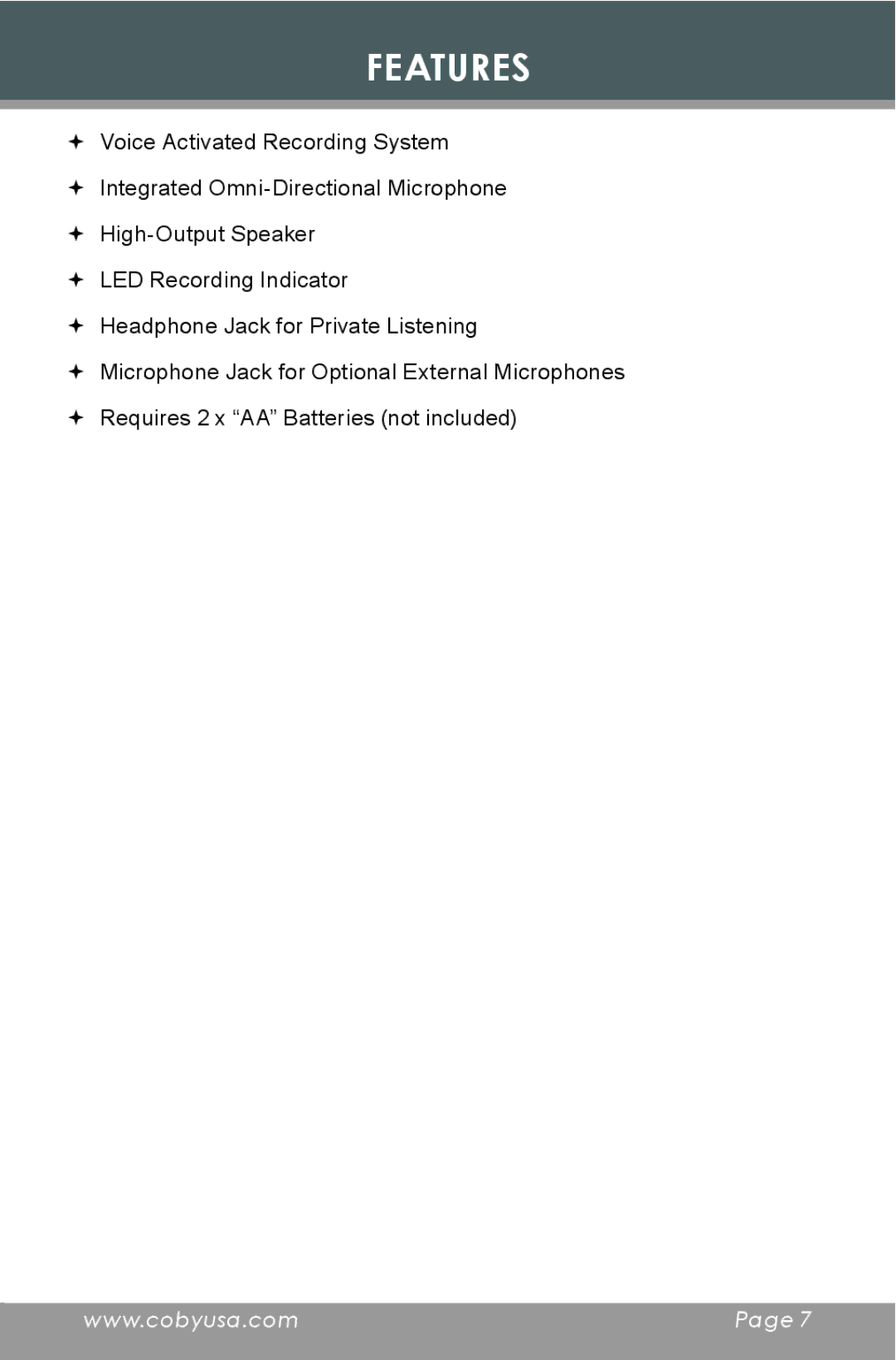 COBY electronic CX-R60 instruction manual Features 