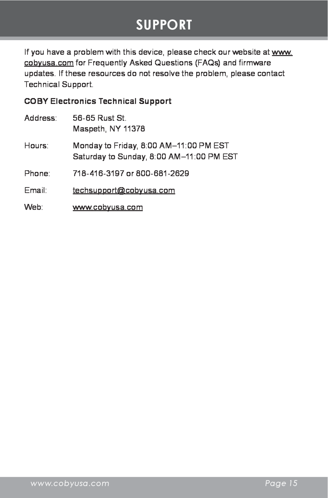 COBY electronic CX-R60 instruction manual COBY Electronics Technical Support, Page 