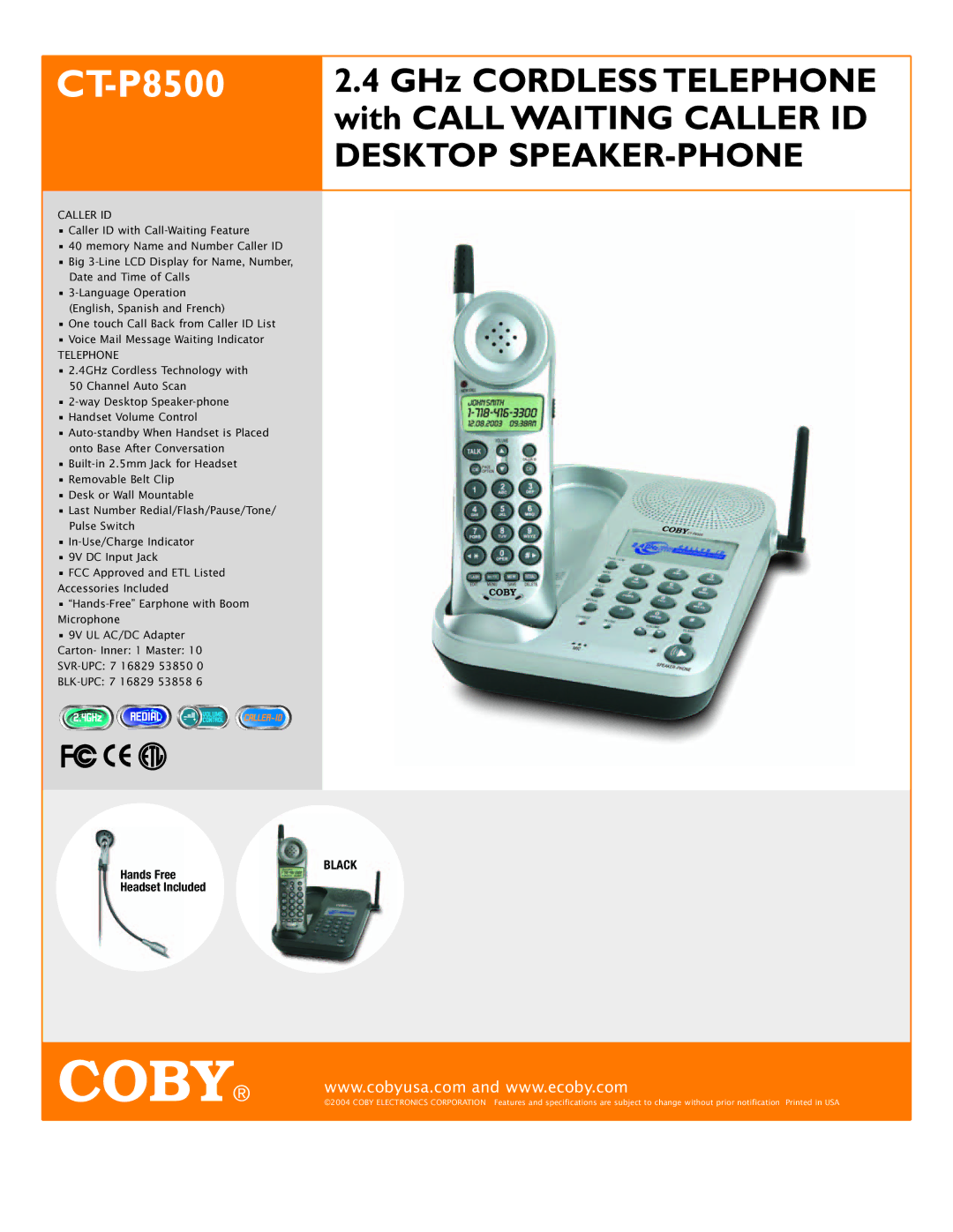 COBY electronic CX24 specifications CT-P8500, Caller ID, Telephone 