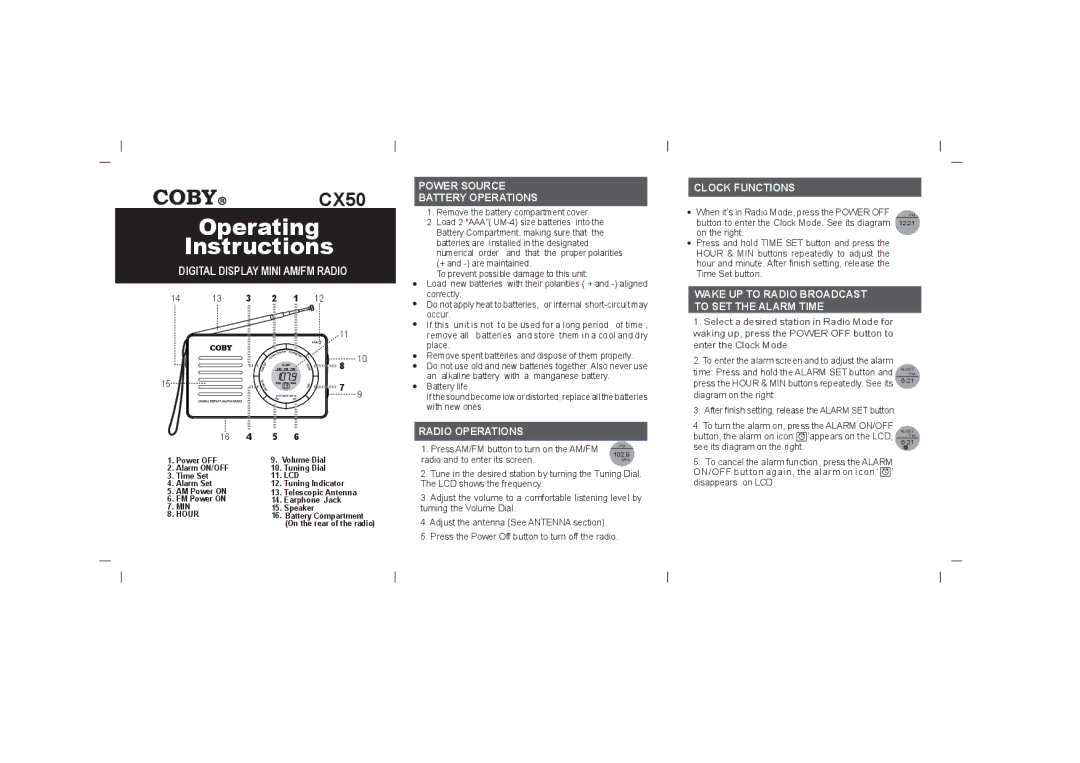 COBY electronic CX50 operating instructions Power Source Battery Operations, Radio Operations, Clock Functions 