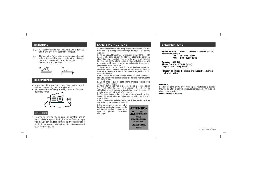 COBY electronic CX50 operating instructions Antennas, Headphones, Safety Instructions, Specifications 