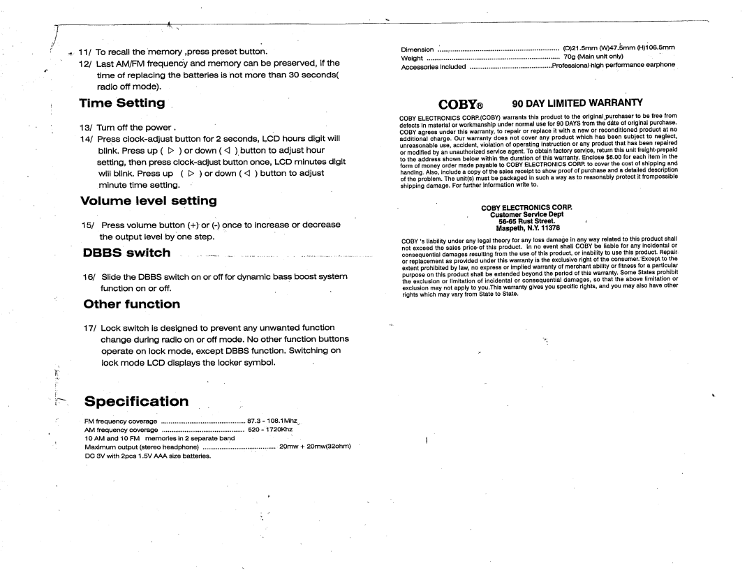 COBY electronic CX9 manual 