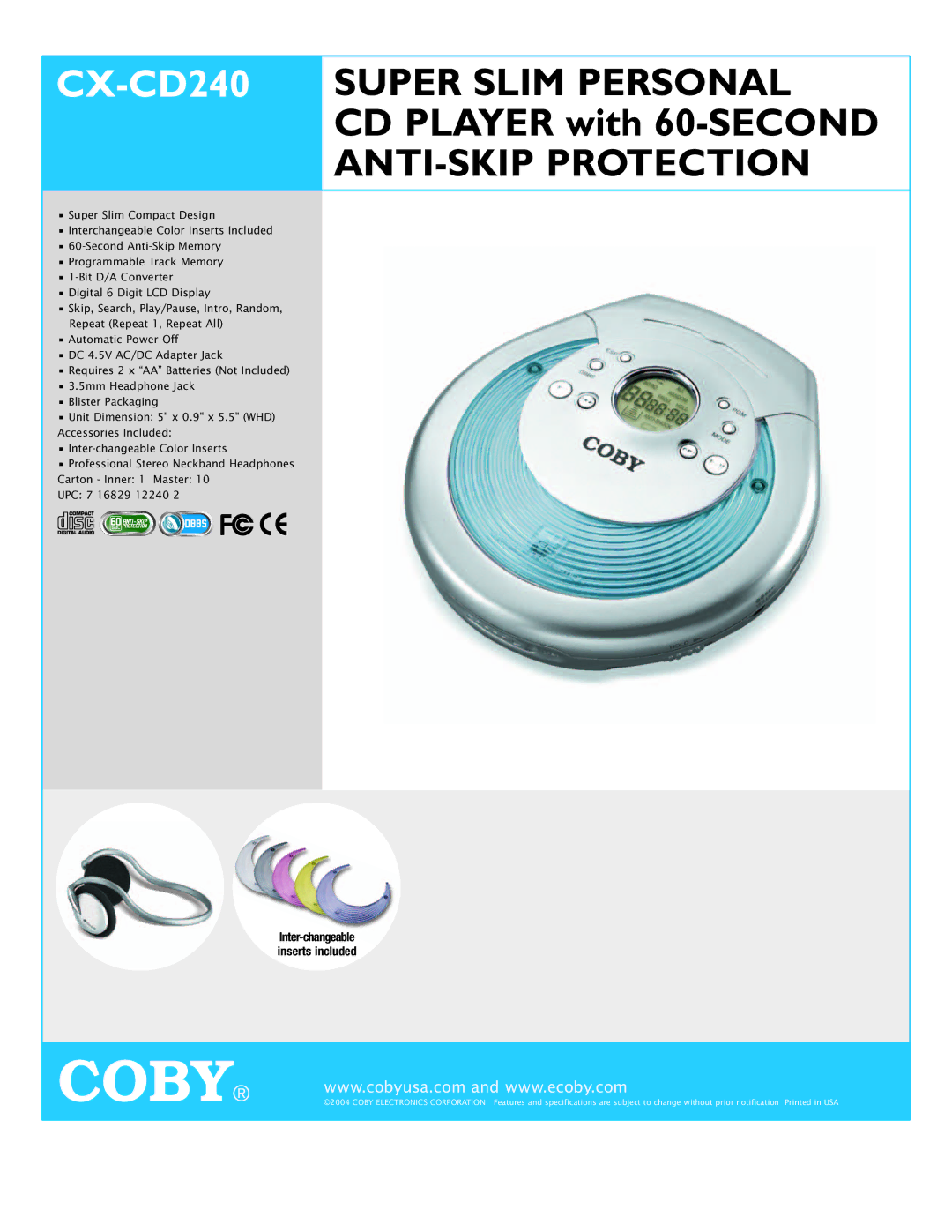 COBY electronic CXCD240 specifications Super Slim Personal, ANTI-SKIP Protection 