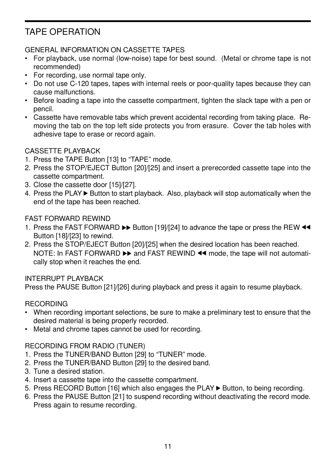 COBY electronic CXCD470 instruction manual Tape Operation 