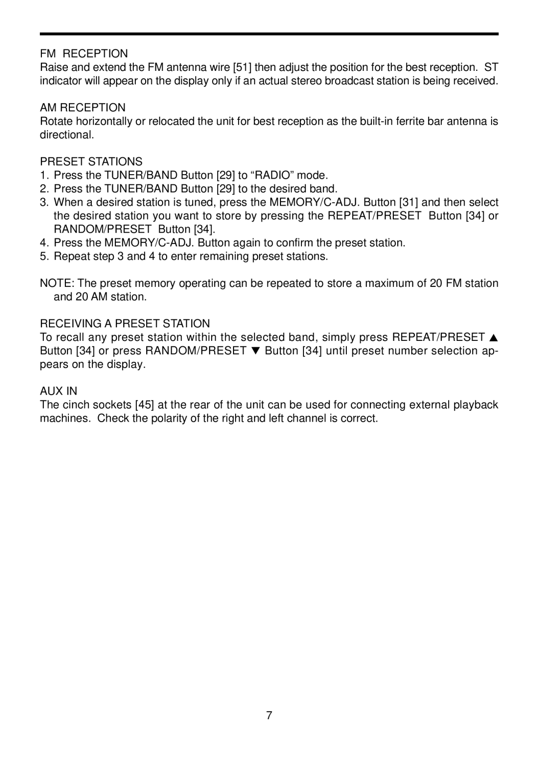 COBY electronic CXCD470 instruction manual FM Reception, AM Reception, Preset Stations, Receiving a Preset Station, Aux 