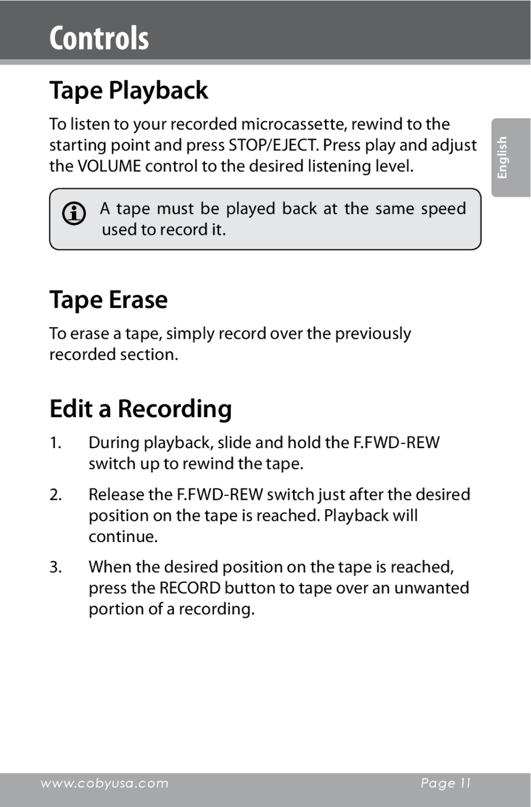 COBY electronic CXR123 instruction manual Tape Playback, Tape Erase, Edit a Recording 