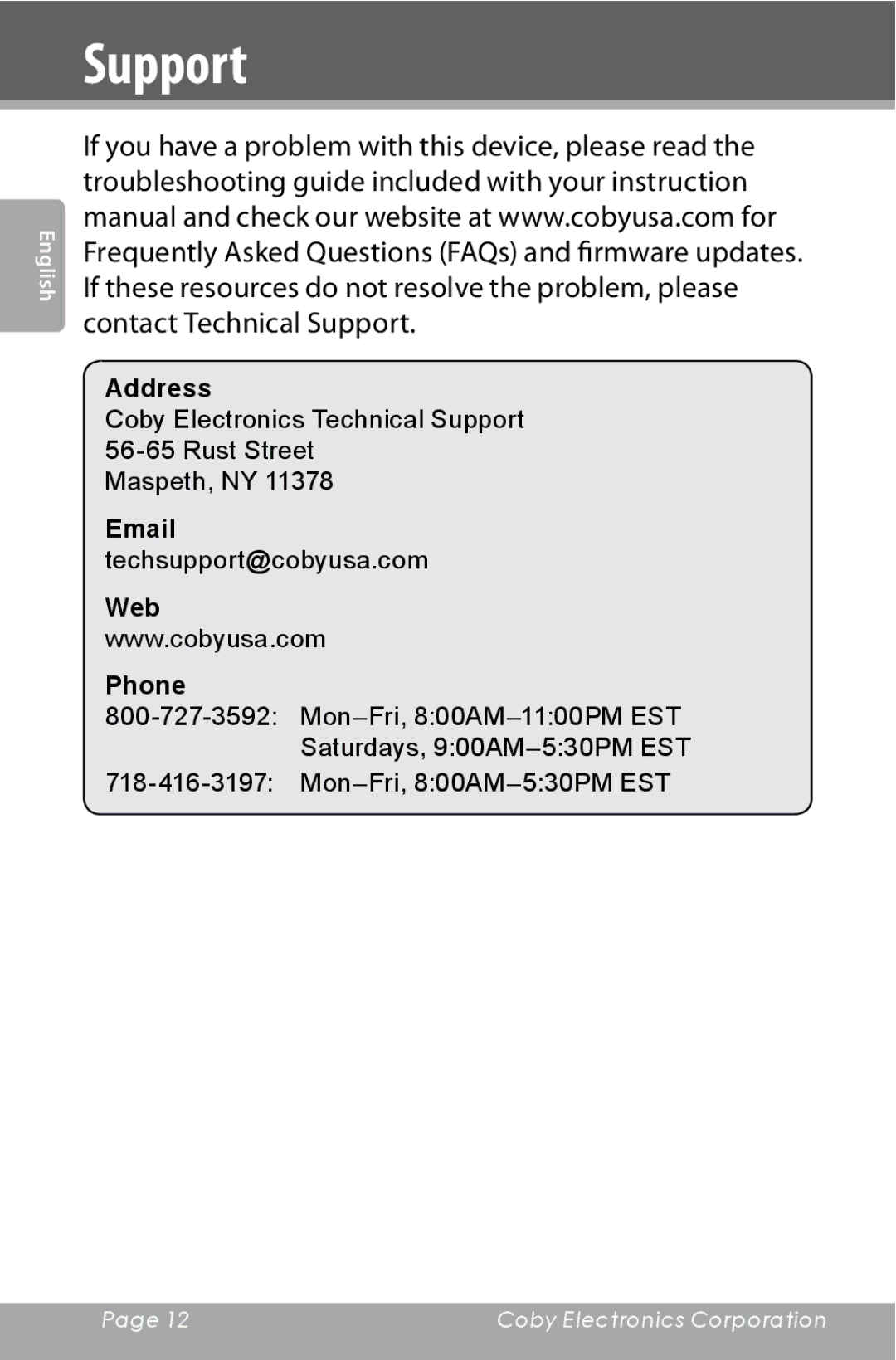 COBY electronic CXR123 instruction manual Support, Address, Web Phone 