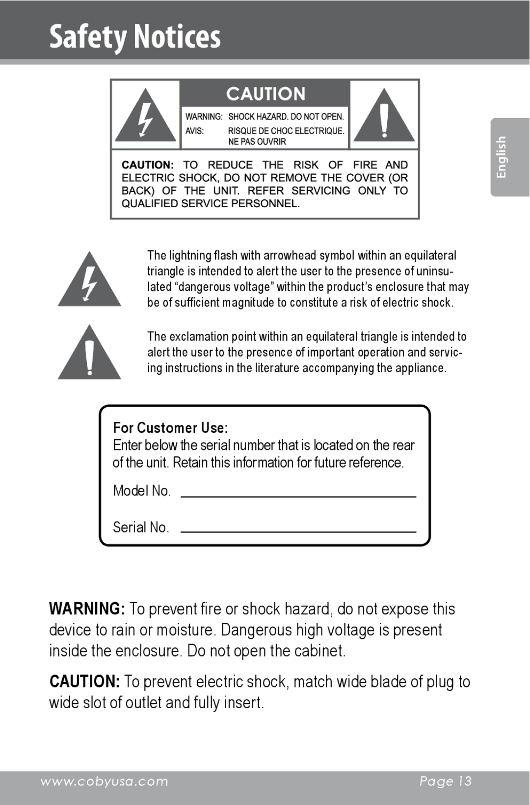 COBY electronic CXR123 instruction manual Safety Notices, For Customer Use 