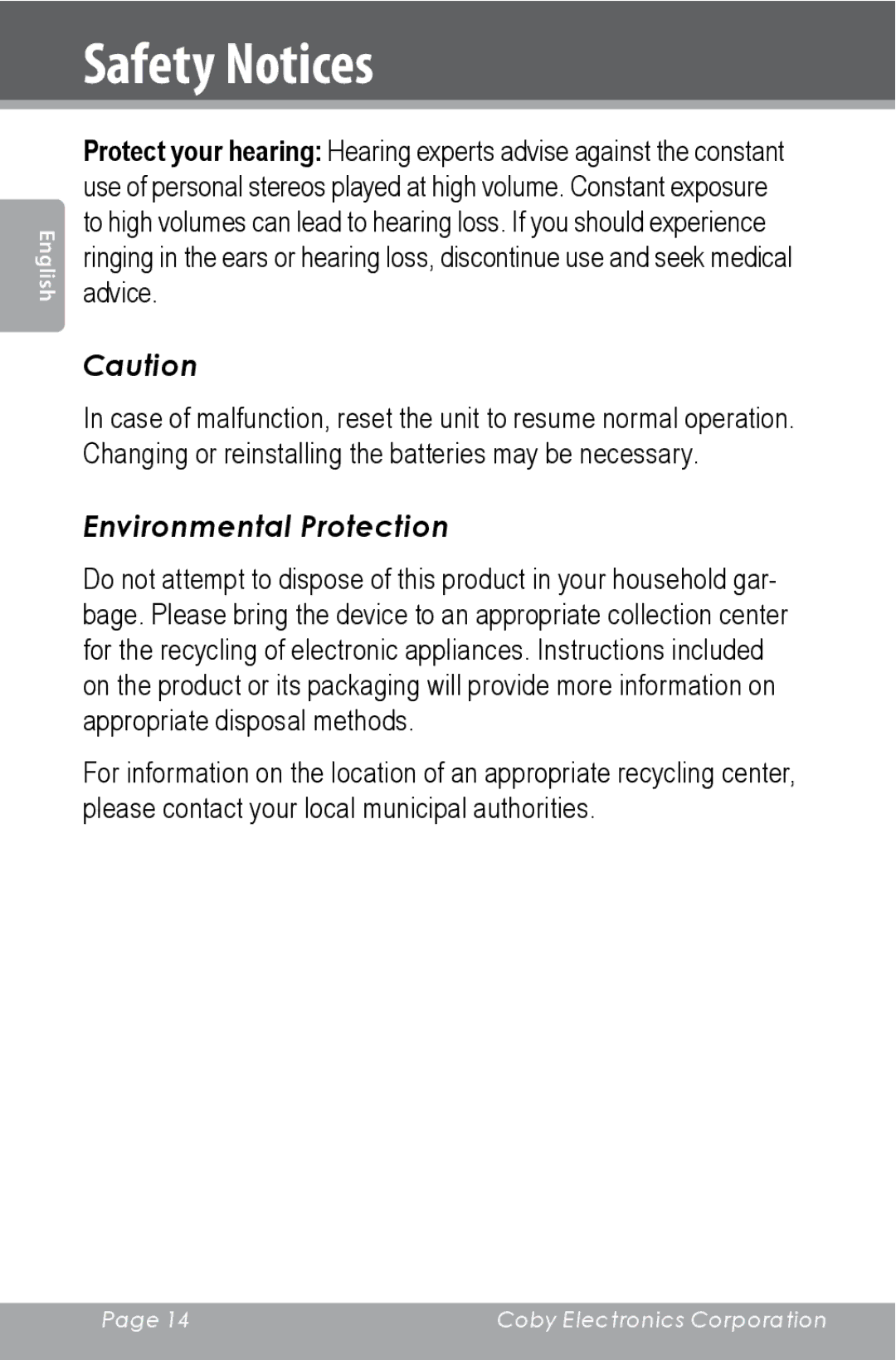 COBY electronic CXR123 instruction manual Environmental Protection 