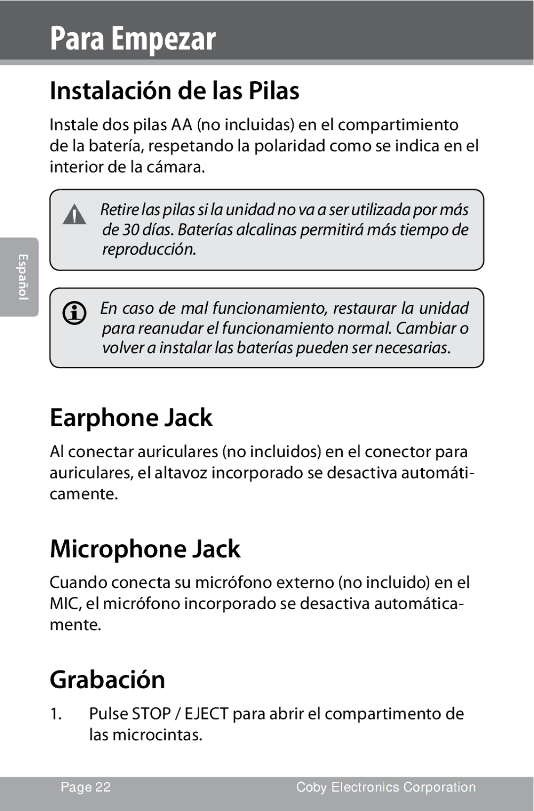 COBY electronic CXR123 instruction manual Para Empezar, Instalación de las Pilas, Grabación 