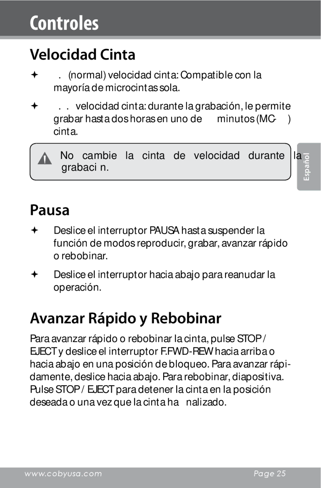 COBY electronic CXR123 instruction manual Controles, Velocidad Cinta, Pausa, Avanzar Rápido y Rebobinar 