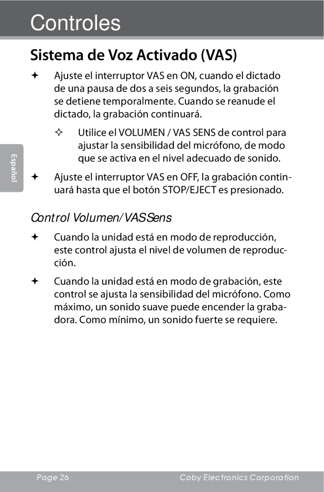 COBY electronic CXR123 instruction manual Sistema de Voz Activado VAS, Control Volumen/VAS Sens 