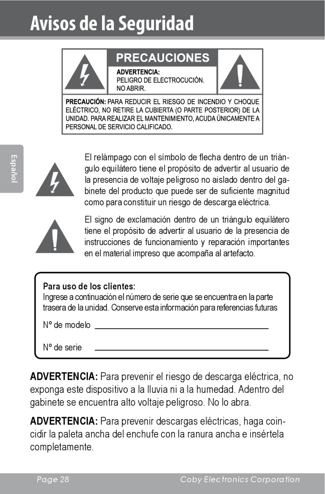 COBY electronic CXR123 instruction manual Avisos de la Seguridad, Para uso de los clientes 