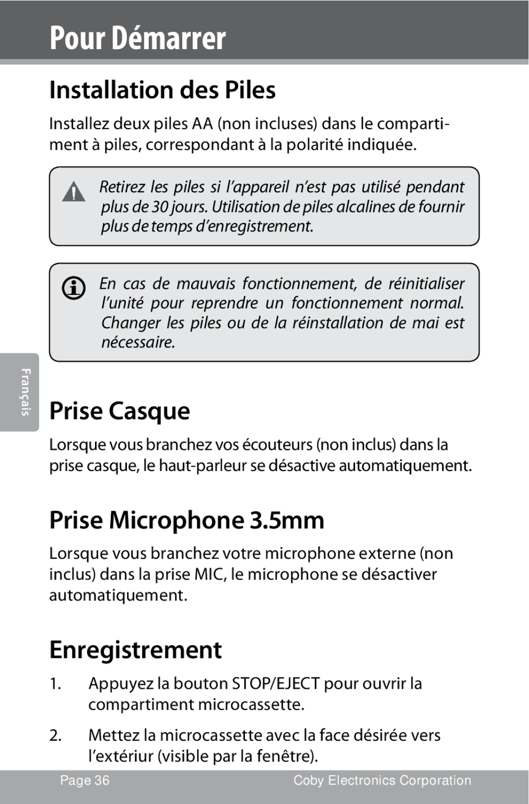 COBY electronic CXR123 Pour Démarrer, Installation des Piles, Prise Casque, Prise Microphone 3.5mm, Enregistrement 