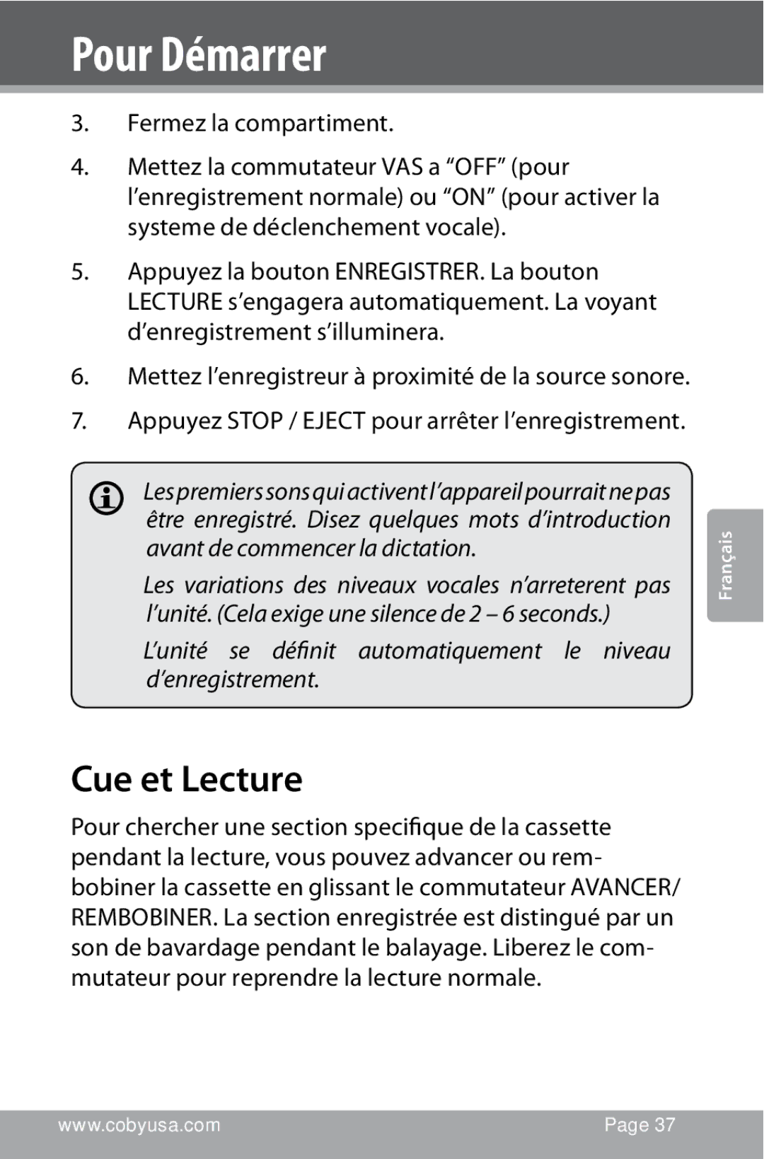 COBY electronic CXR123 instruction manual Cue et Lecture, Mettez l’enregistreur à proximité de la source sonore 