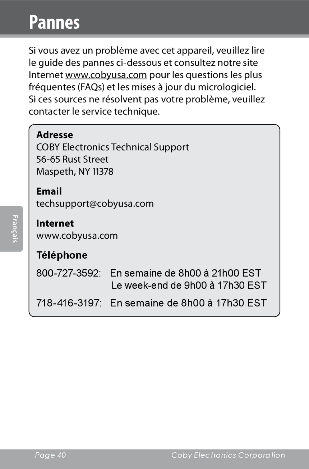 COBY electronic CXR123 instruction manual Pannes, Internet Téléphone 