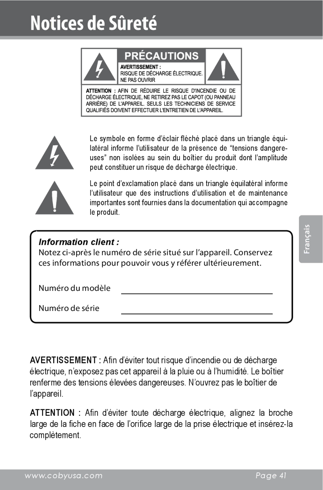 COBY electronic CXR123 instruction manual Information client 