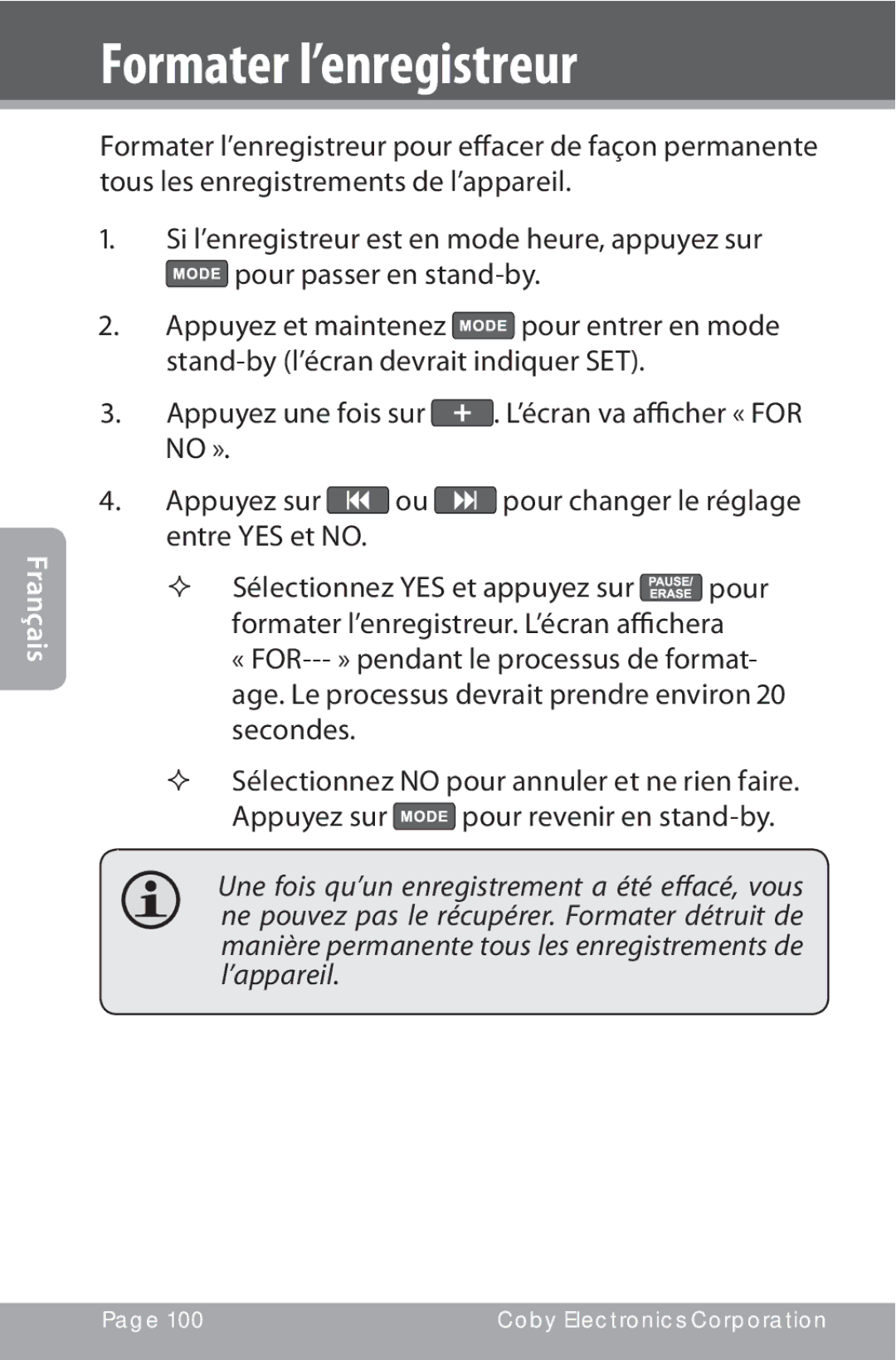 COBY electronic CXR190-1G instruction manual Formater l’enregistreur 