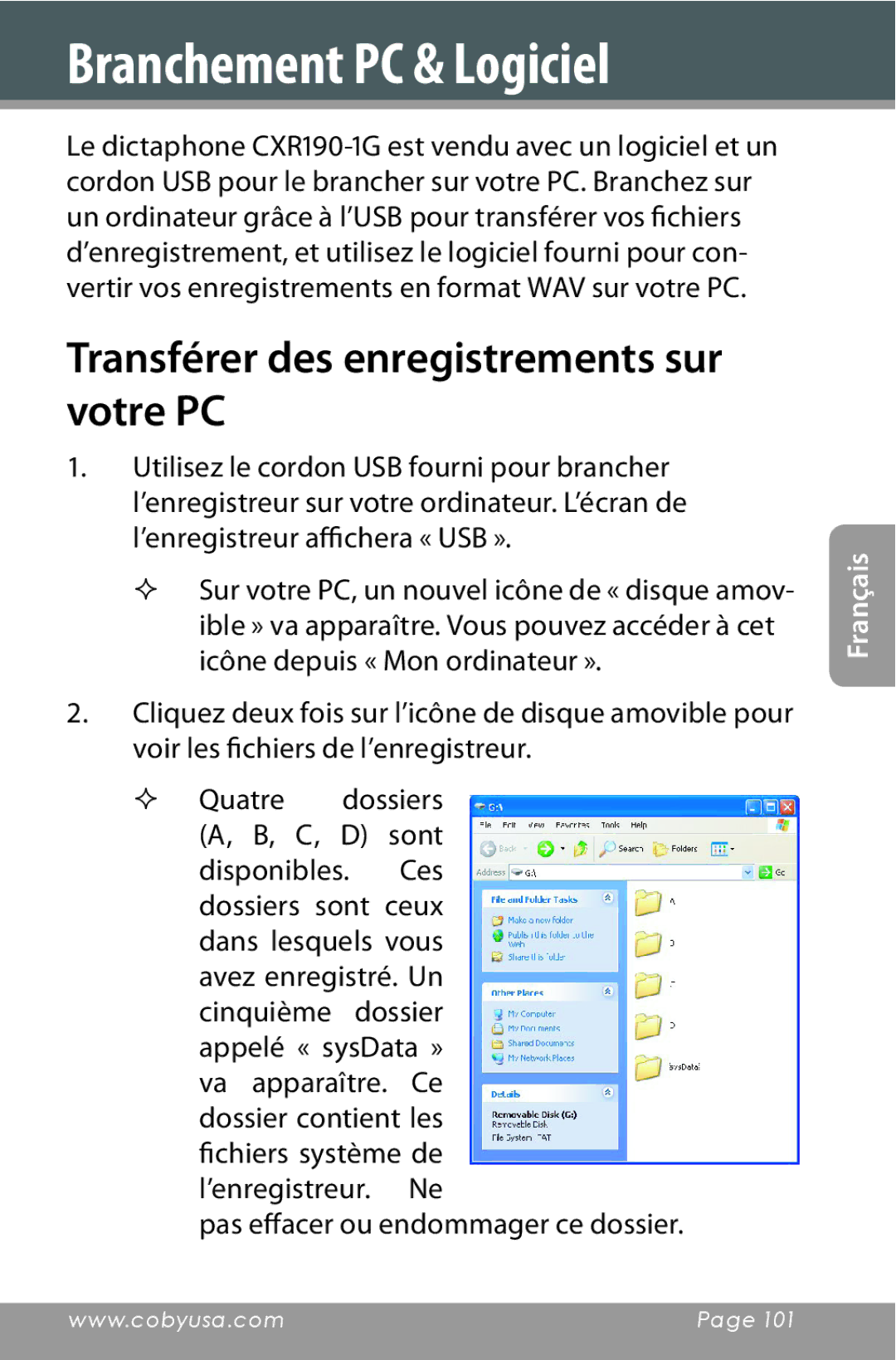 COBY electronic CXR190-1G instruction manual Branchement PC & Logiciel, Transférer des enregistrements sur votre PC 