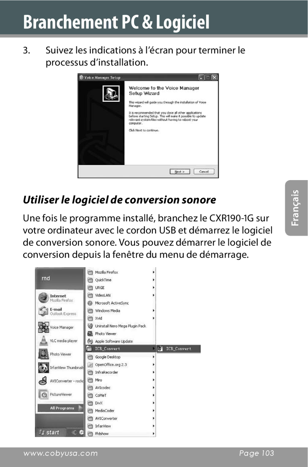 COBY electronic CXR190-1G instruction manual Utiliser le logiciel de conversion sonore 