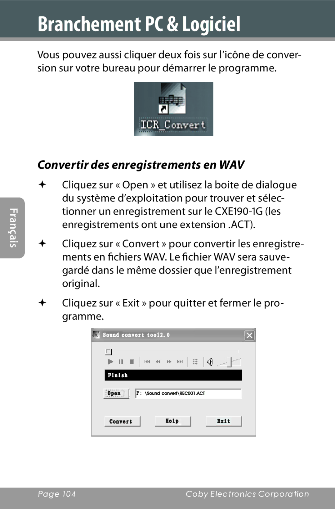 COBY electronic CXR190-1G instruction manual Convertir des enregistrements en WAV 