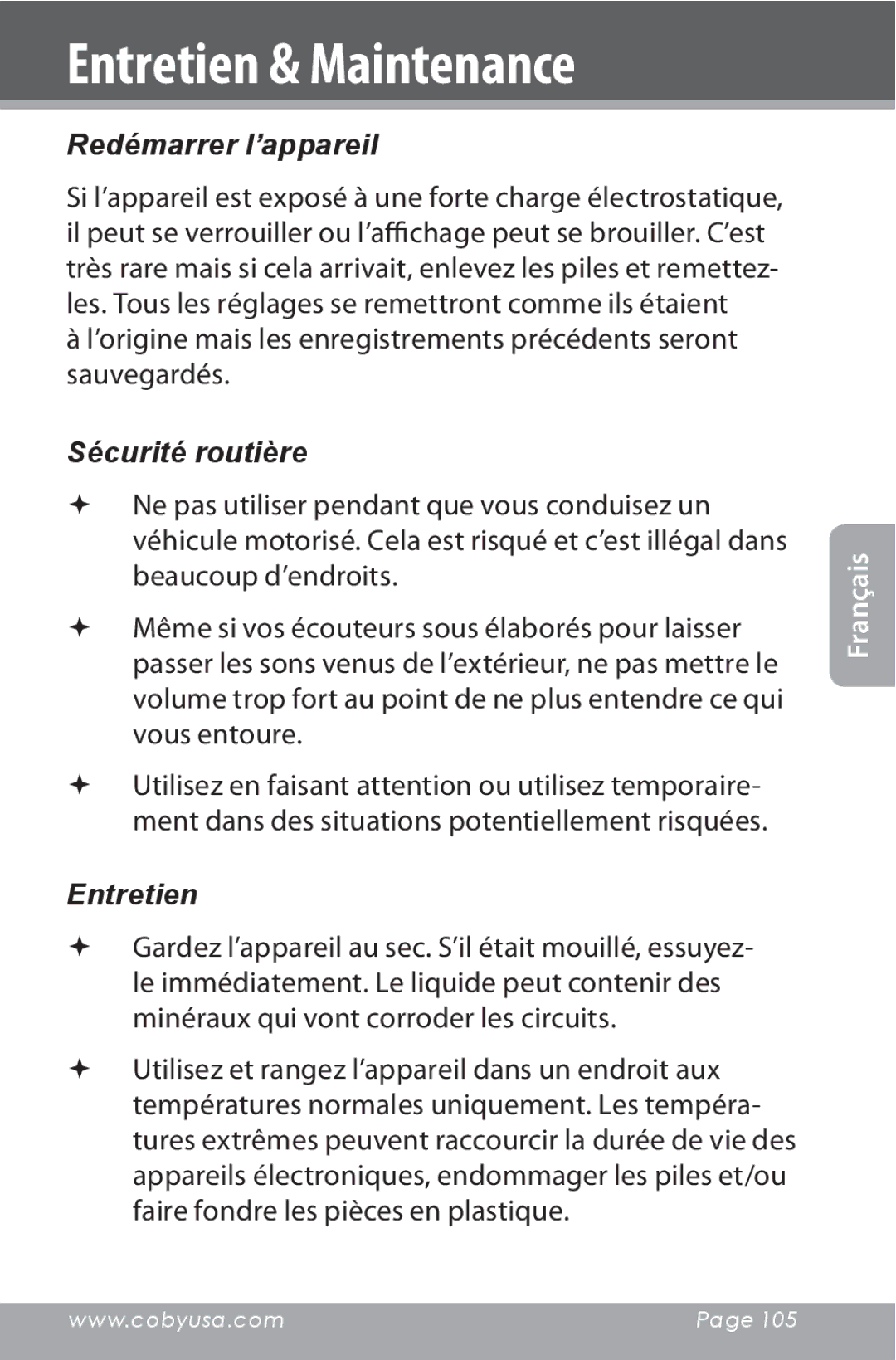 COBY electronic CXR190-1G instruction manual Entretien & Maintenance, Redémarrer l’appareil 