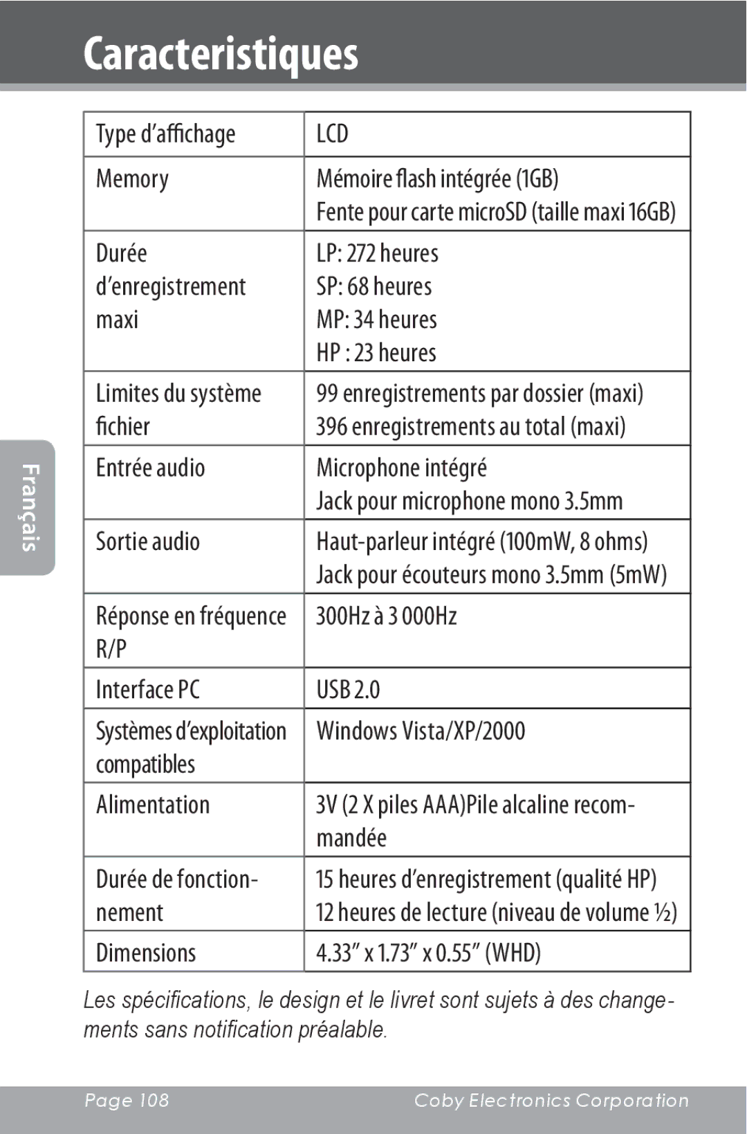 COBY electronic CXR190-1G instruction manual Caracteristiques, ’enregistrement 