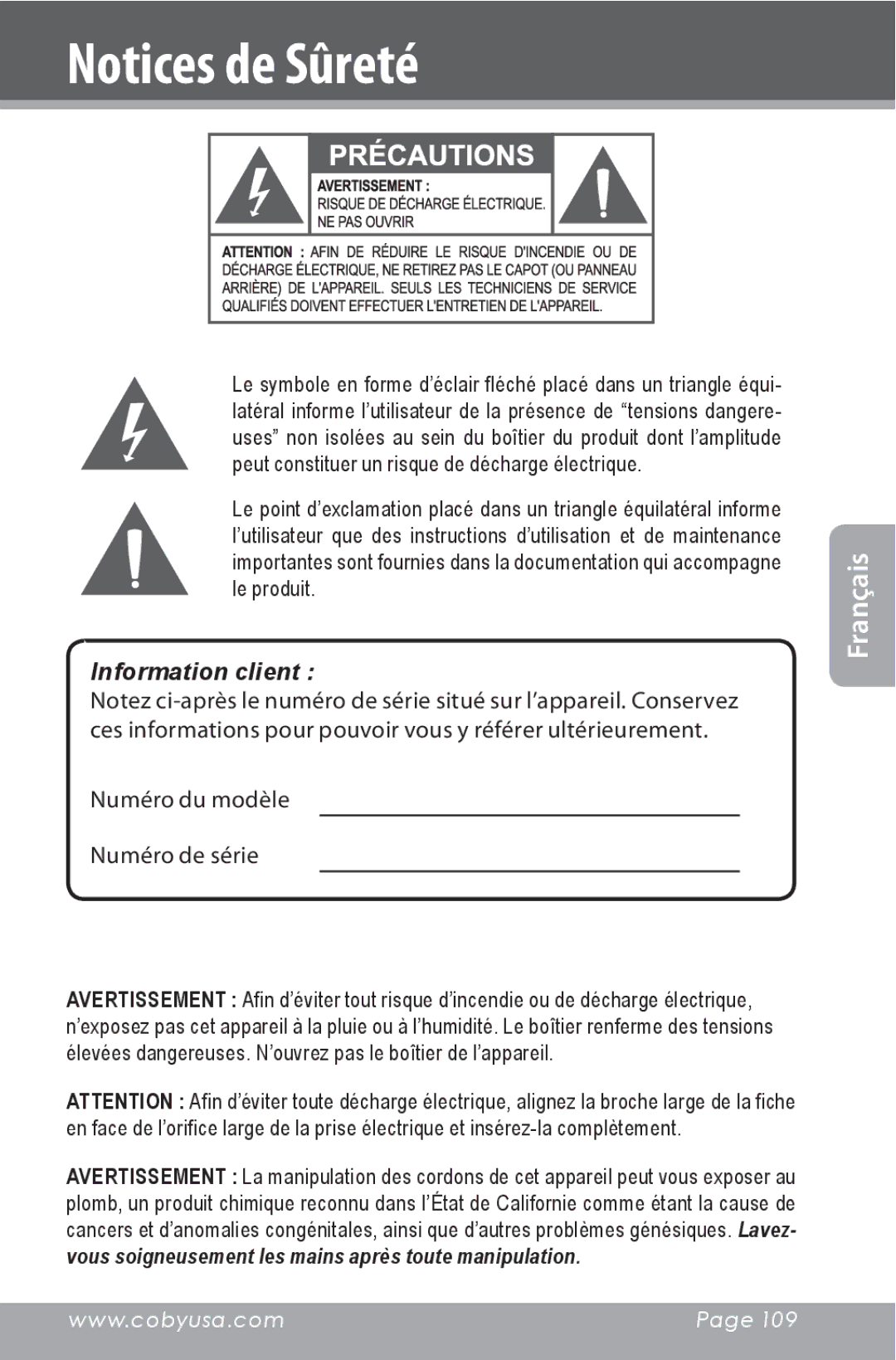 COBY electronic CXR190-1G instruction manual Information client 