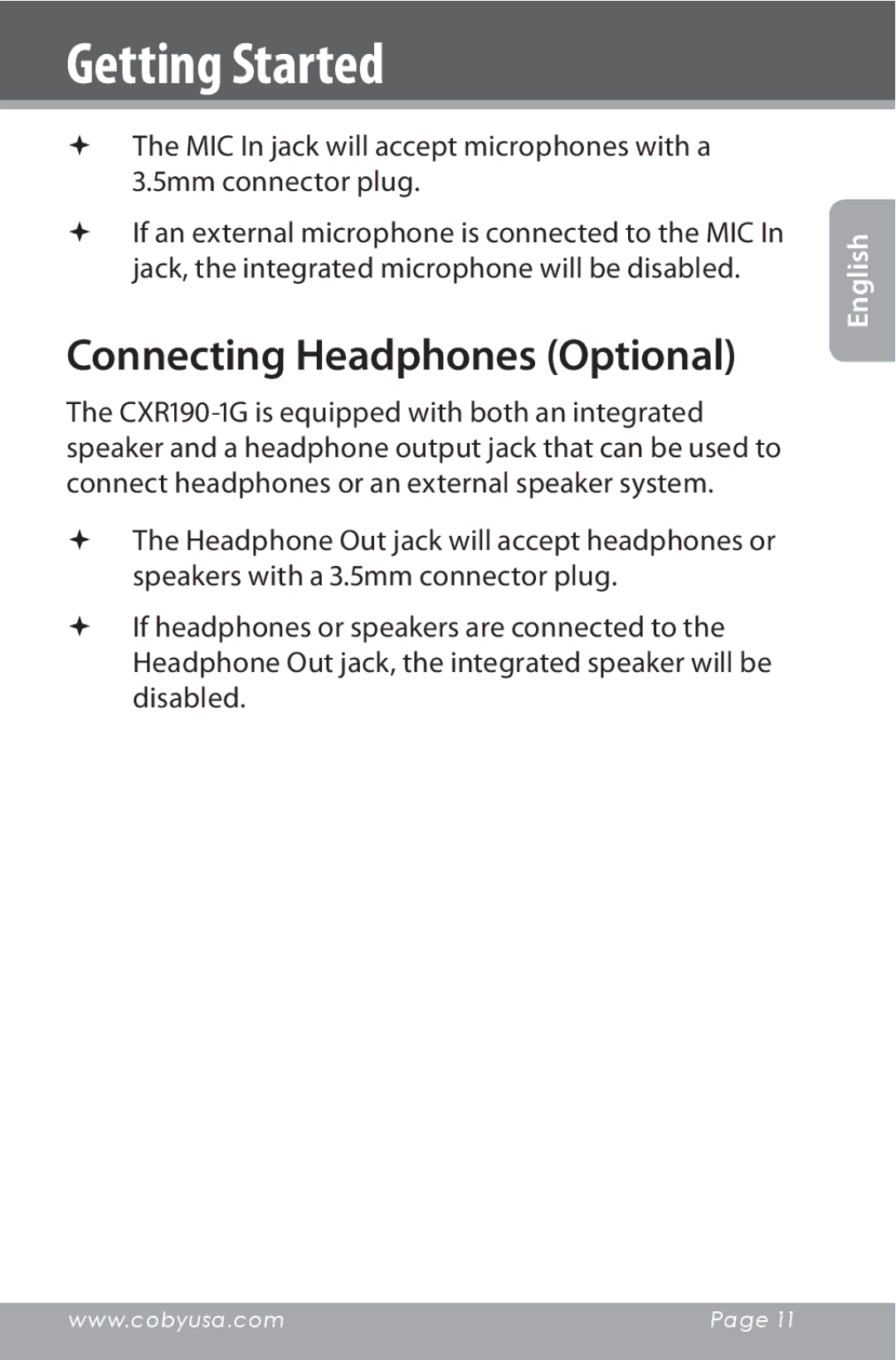 COBY electronic CXR190-1G instruction manual Connecting Headphones Optional 